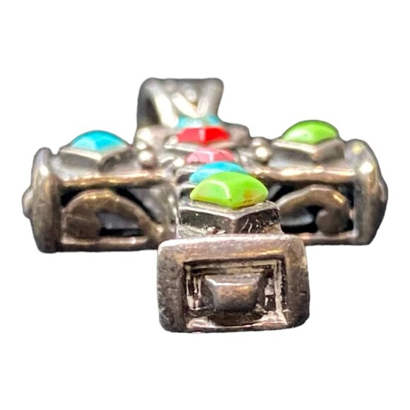 Cross Pendant With 7 Stones: Turquoise Red Coral Rhodonite Magnesite & Sterling - Picture 7 of 8